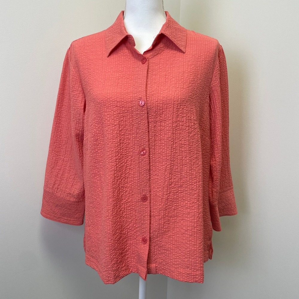 Coldwater Creek Wrinkle Coral Textured Seersucker Button Up Shirt  Blouse M